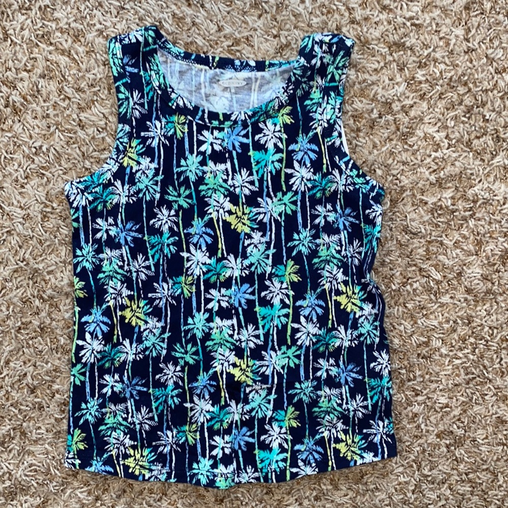 NWT 4t palm tree tank top in shades of blue, green, white.